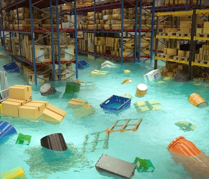 interior of a flooded warehouse with goods floating in water.